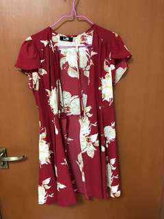 Kimono wrap tied floral wine red dress