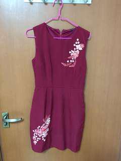 Wine red floral embroidered dress