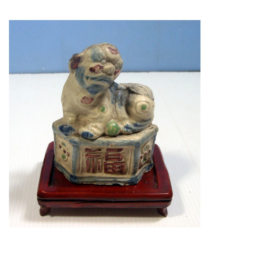 Antique rare porcelain foo dog candle holder wood stand circa late 20th