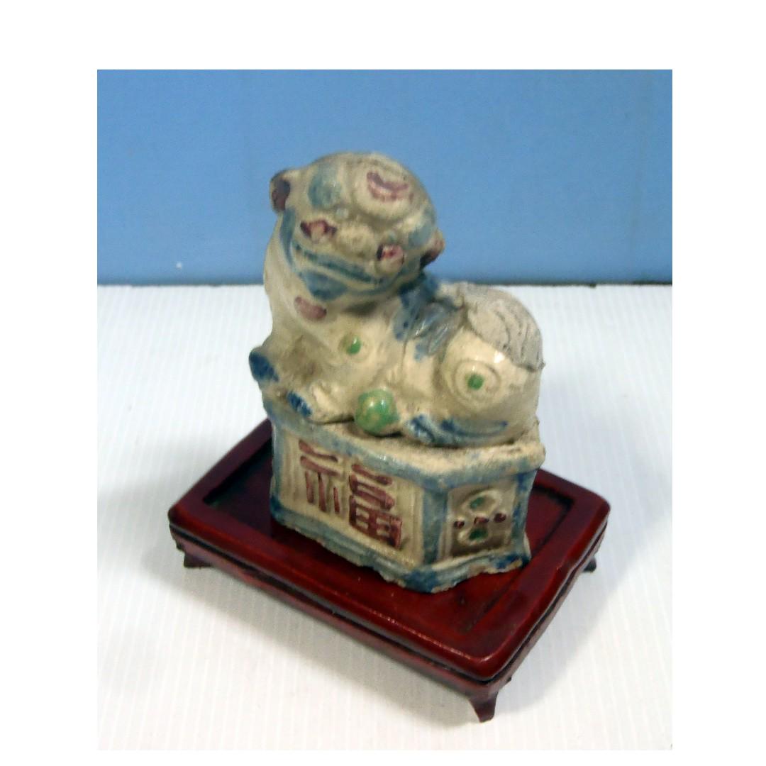Antique rare porcelain foo dog candle holder wood stand circa late 20th