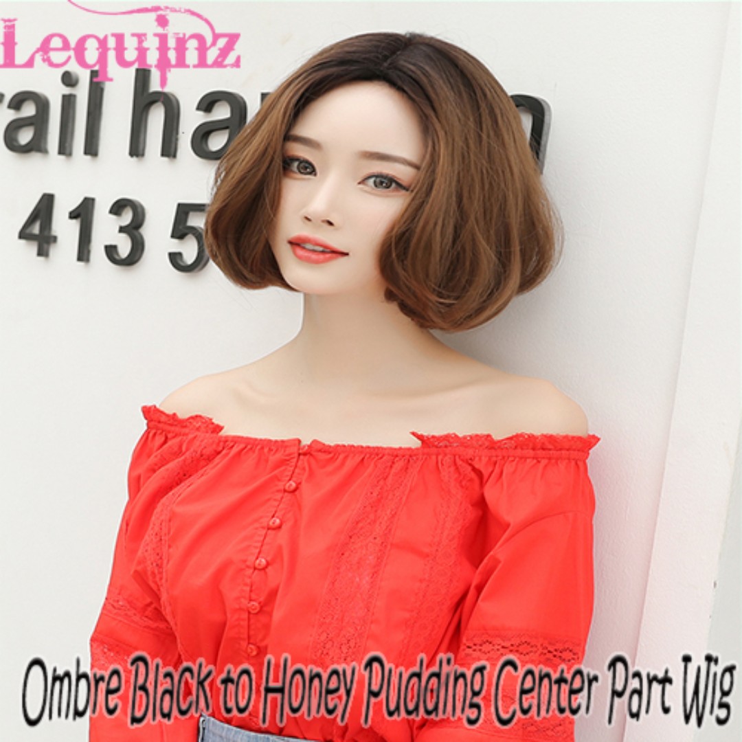Korean Short Bobo Hair Wig Natural C Curl Center Parting Black To