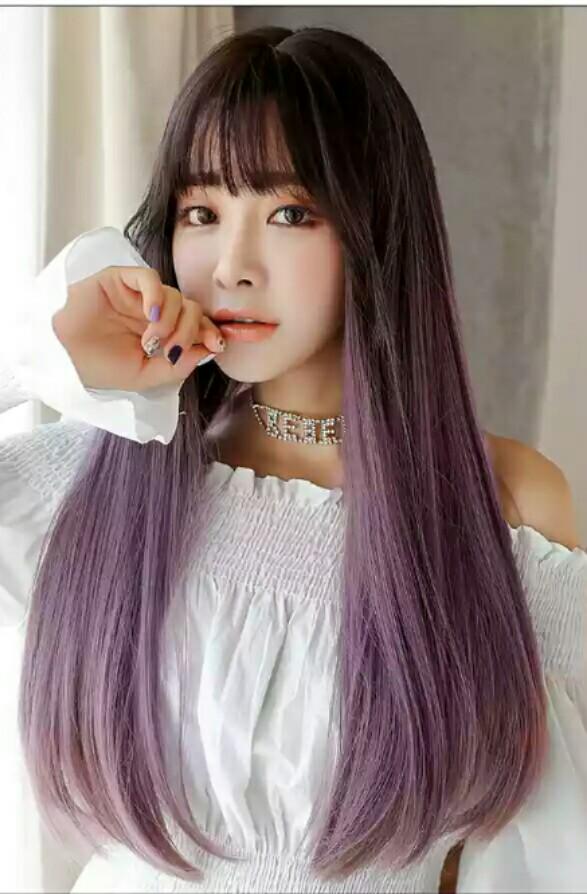 Instocks Ombre Black Ash Purple Air Bangs Straight Hair Wig