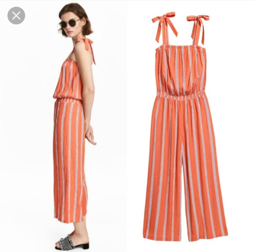 H M Smocked Striped Jumpsuit in orange