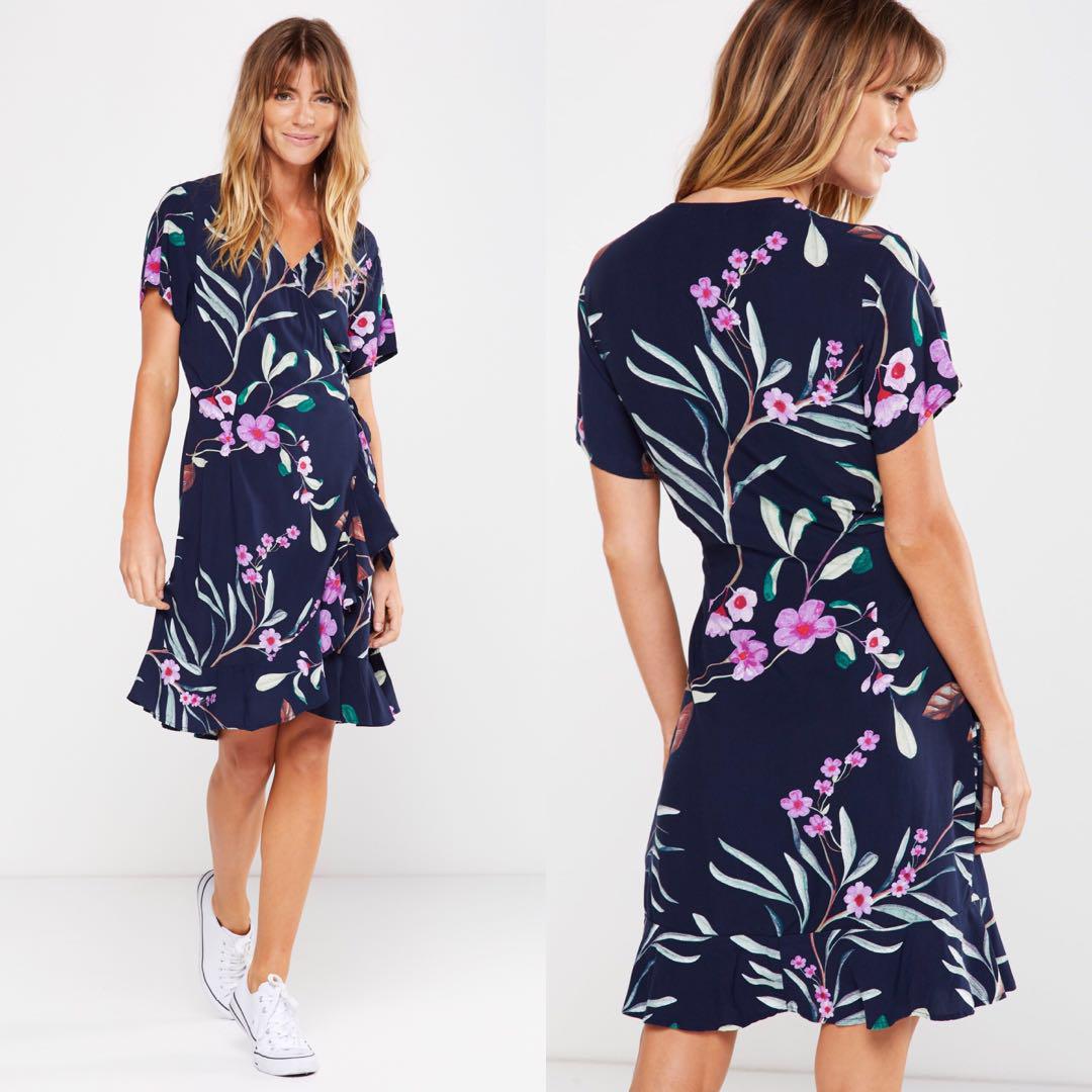 Navy floral wrap dress clearance