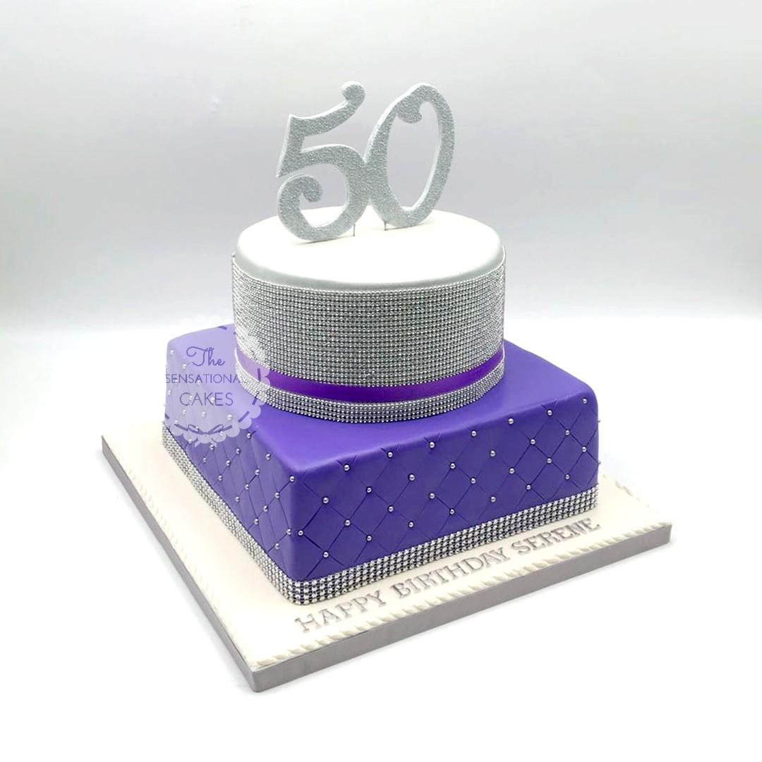 Classy And Elegant Silver And Purple 50th Birthday Theme Cake