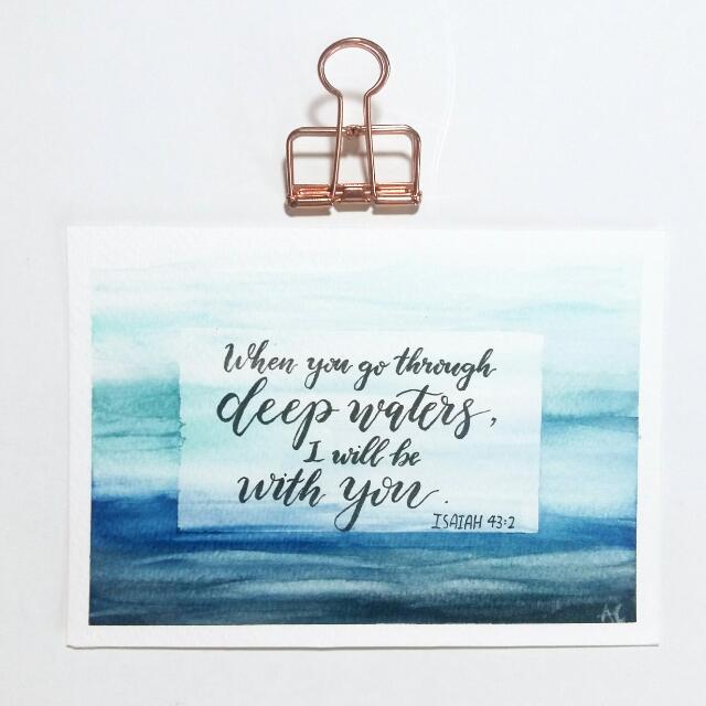 Handpainted Original Watercolour Bible Verse Card Deep Waters