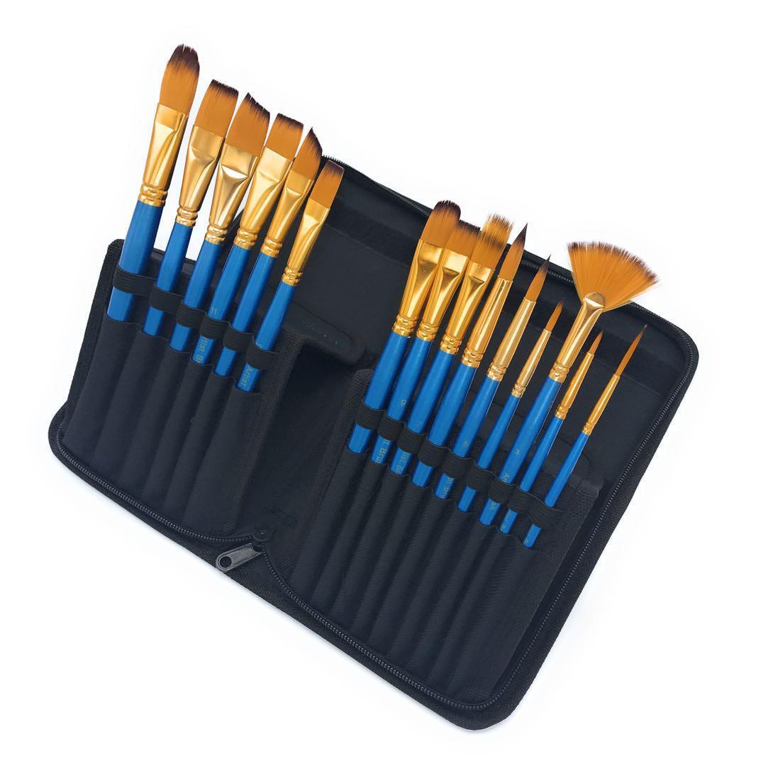 15 Paintbrushes With Travel Case For Watercolors Oil Painting
