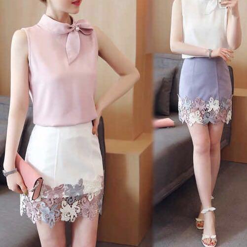 2 Piece Top Skirt Ribbon Neck Tie Lace Floral Flower Embroidery