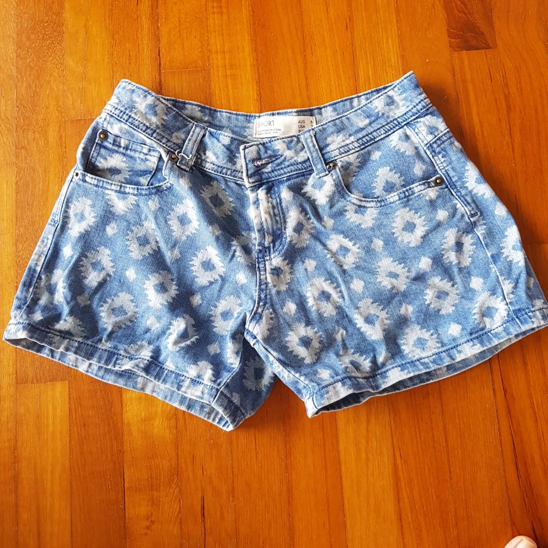 patterned denim shorts