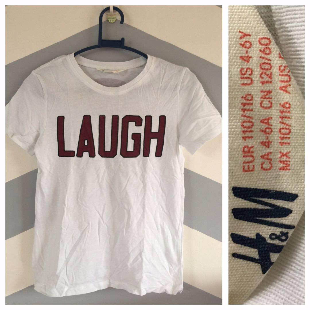 H&M Laugh White Shirt (Category: Babies & Kids Fashion) located in Lemery. Submitted by labernales (Listing ID 177866693, Image 1). Description: Size: 4-6 Y Very good condition. Good as new. Used but not abused..