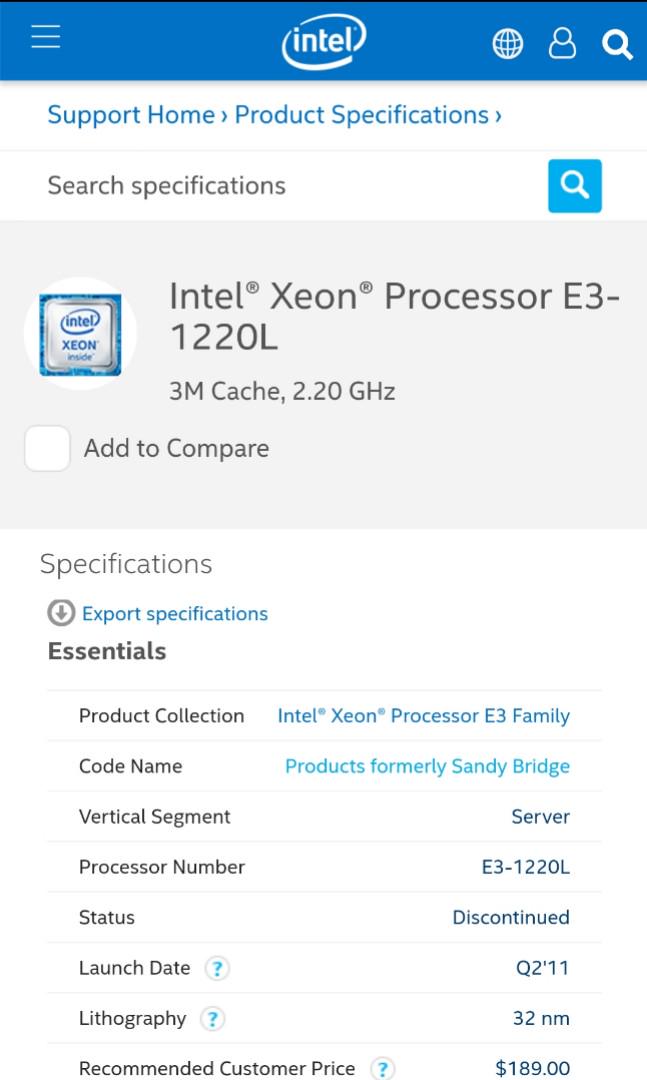 Intel CPU E3-1220L （分類：手提電腦）位於 Hong Kong。 由 oolongtea8888 提交（商品編號 177761103，圖片 1）。簡介： 。