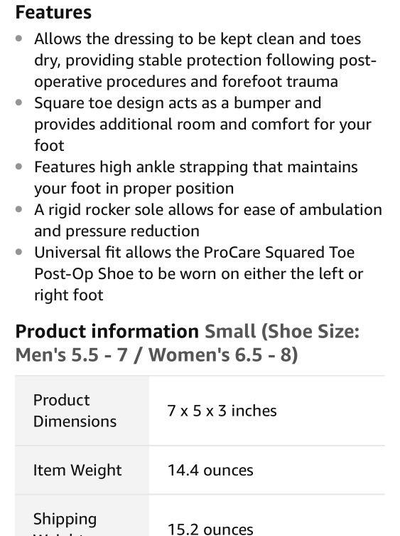 Procare Squared Toe Post Op Shoe Size Chart