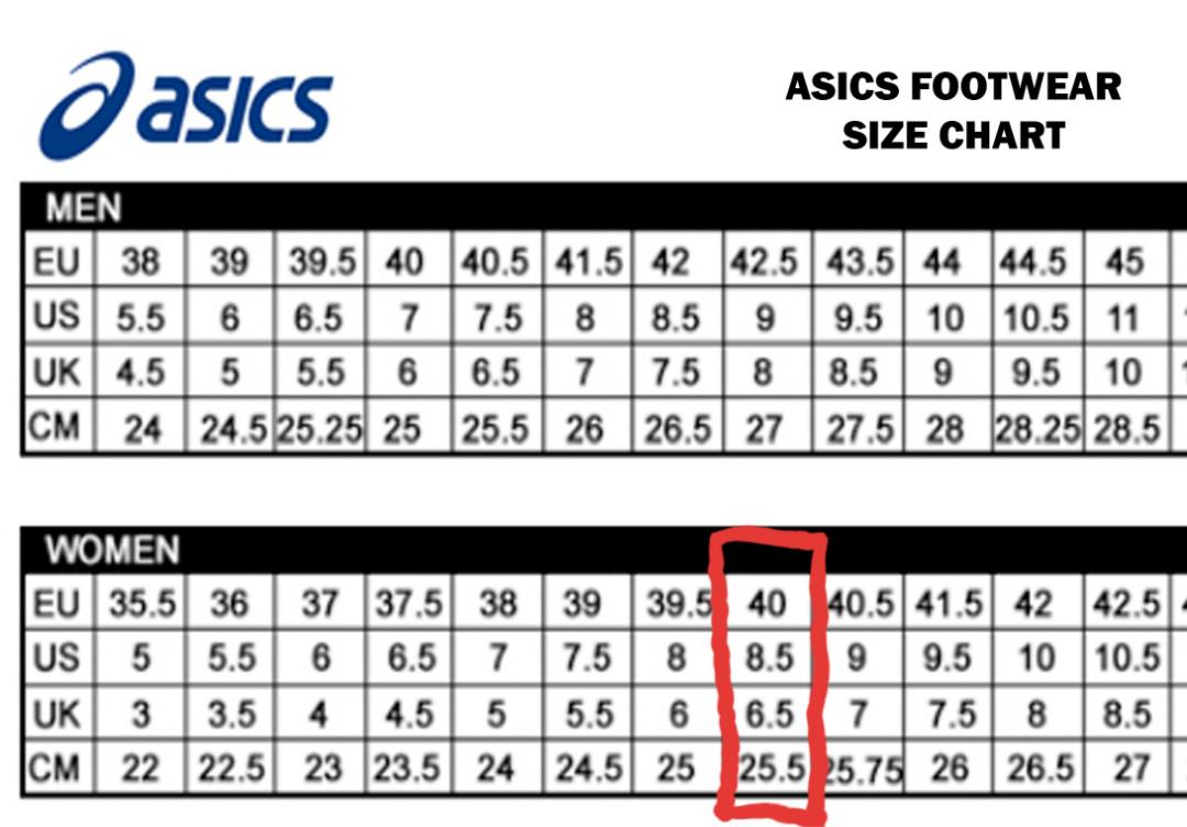asics shoes size chart