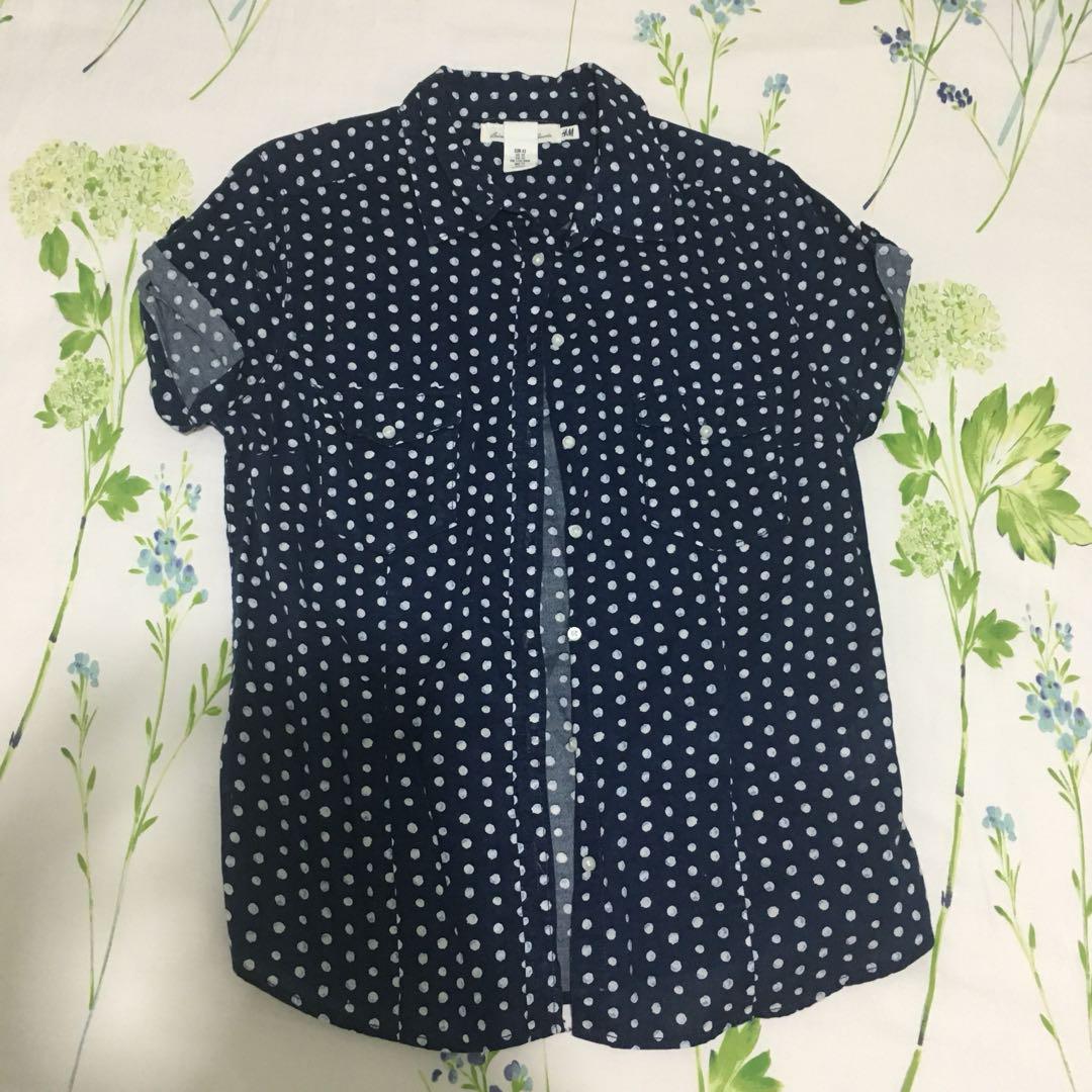 white and navy polka dot blouse