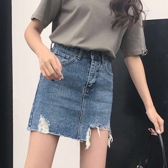 New Denim Skirt Retro Broken Casual Korean High Waist Women S