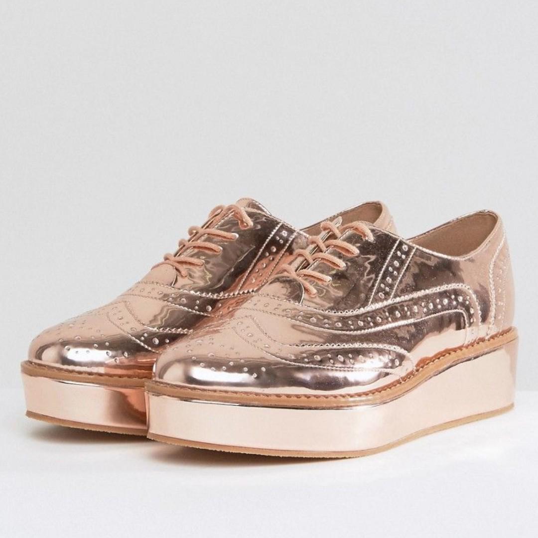 BRAND NEW ASOS MACAROON FLATFORM LACE UP SHOES NUDE METALLIC