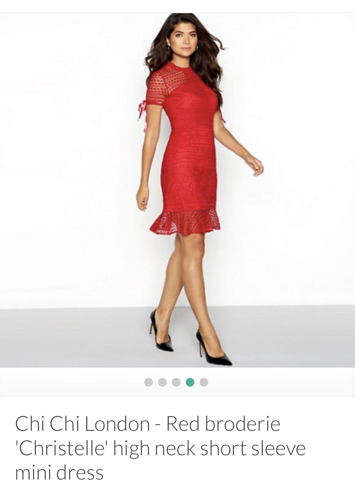 Chi Chi London Red broderie Christelle high neck short sleeve mini dress