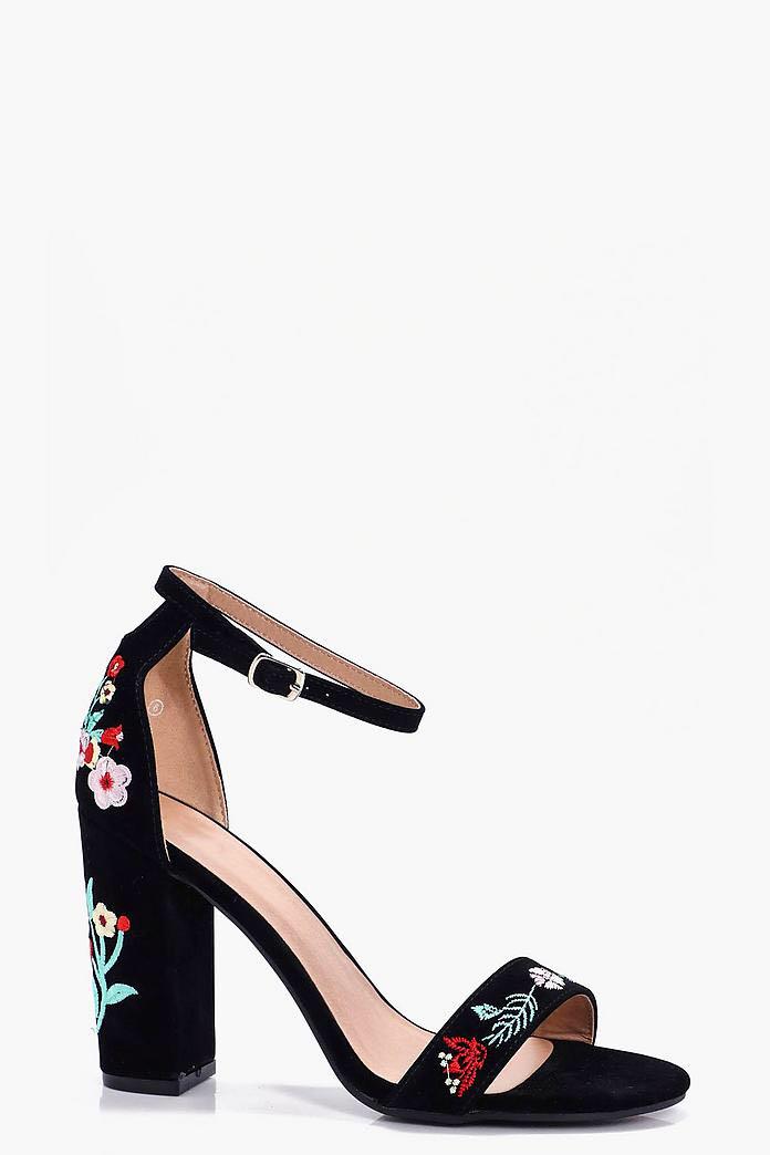 FLORAL EMBROIDERED BLOCK HEELS, Women's 