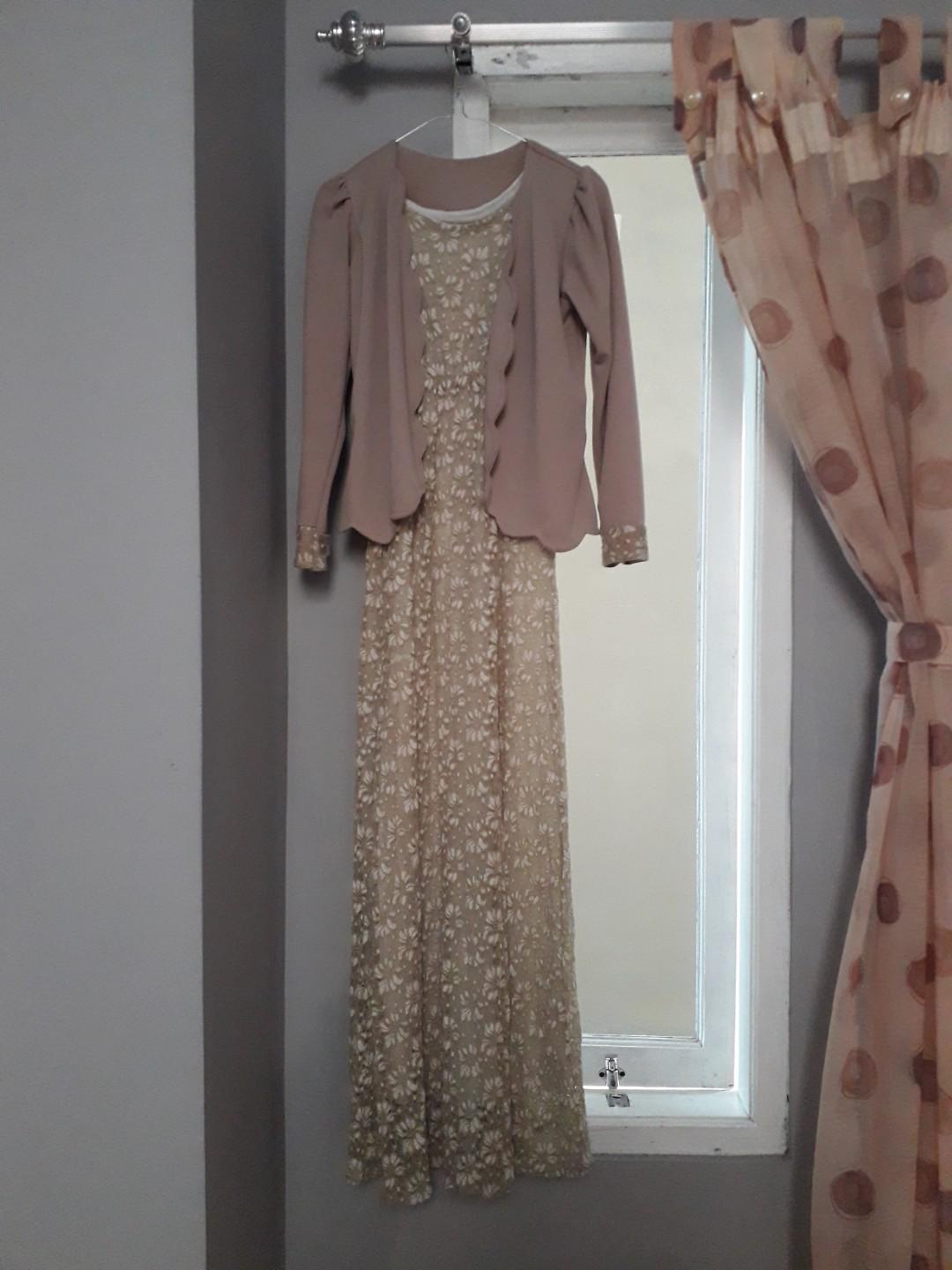 Long Dress Cardi Brukat Gold Fesyen Wanita Pakaian Wanita Gaun