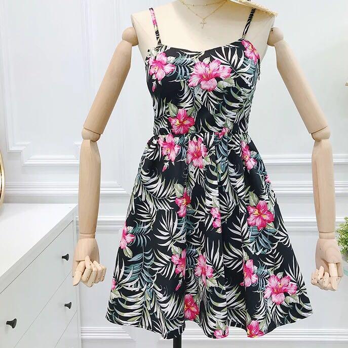 Padded Floral Leaves Black Dress Vintage Retro Kpop Korean Ulzzang