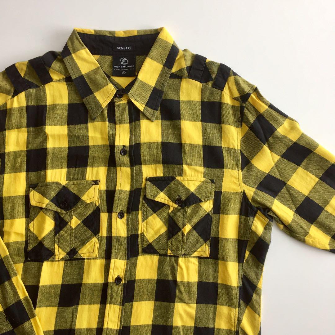 Penshoppe Black Yellow Plaid Long Sleeves Button Down Men S
