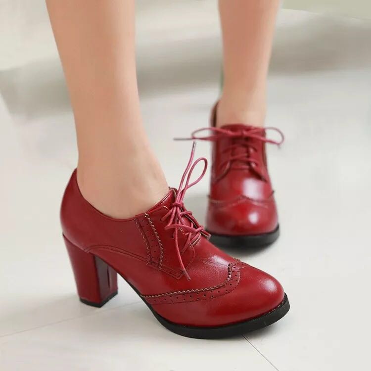 Red Oxford Shoe Thick High Heels Ankle 