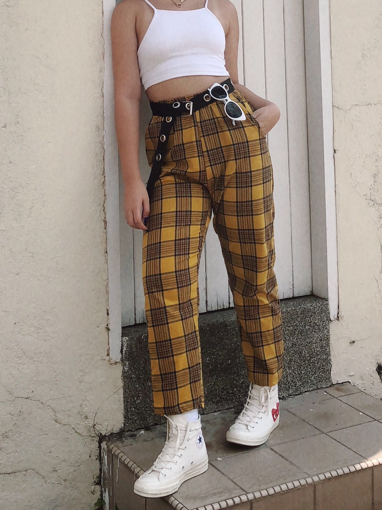 Vintage 90's Yellow Plaid Pants - S - Adult World Shop