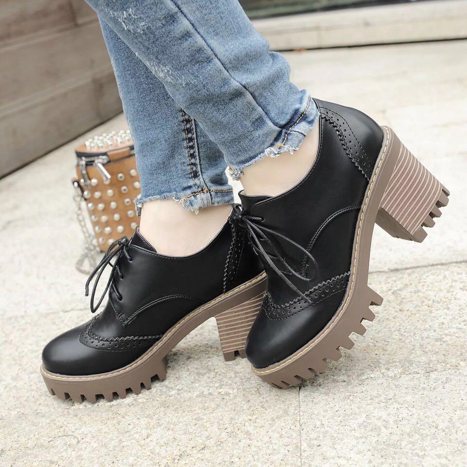 Black Boots Oxford Shoes Lace high Heel 