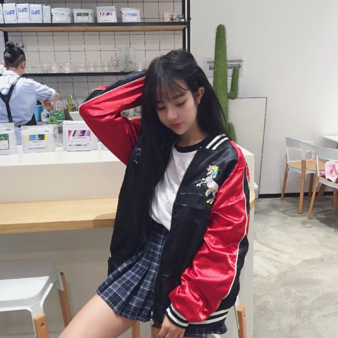 Po Unicorn Embroidery Pattern Baseball Jacket Outerwear With Zip