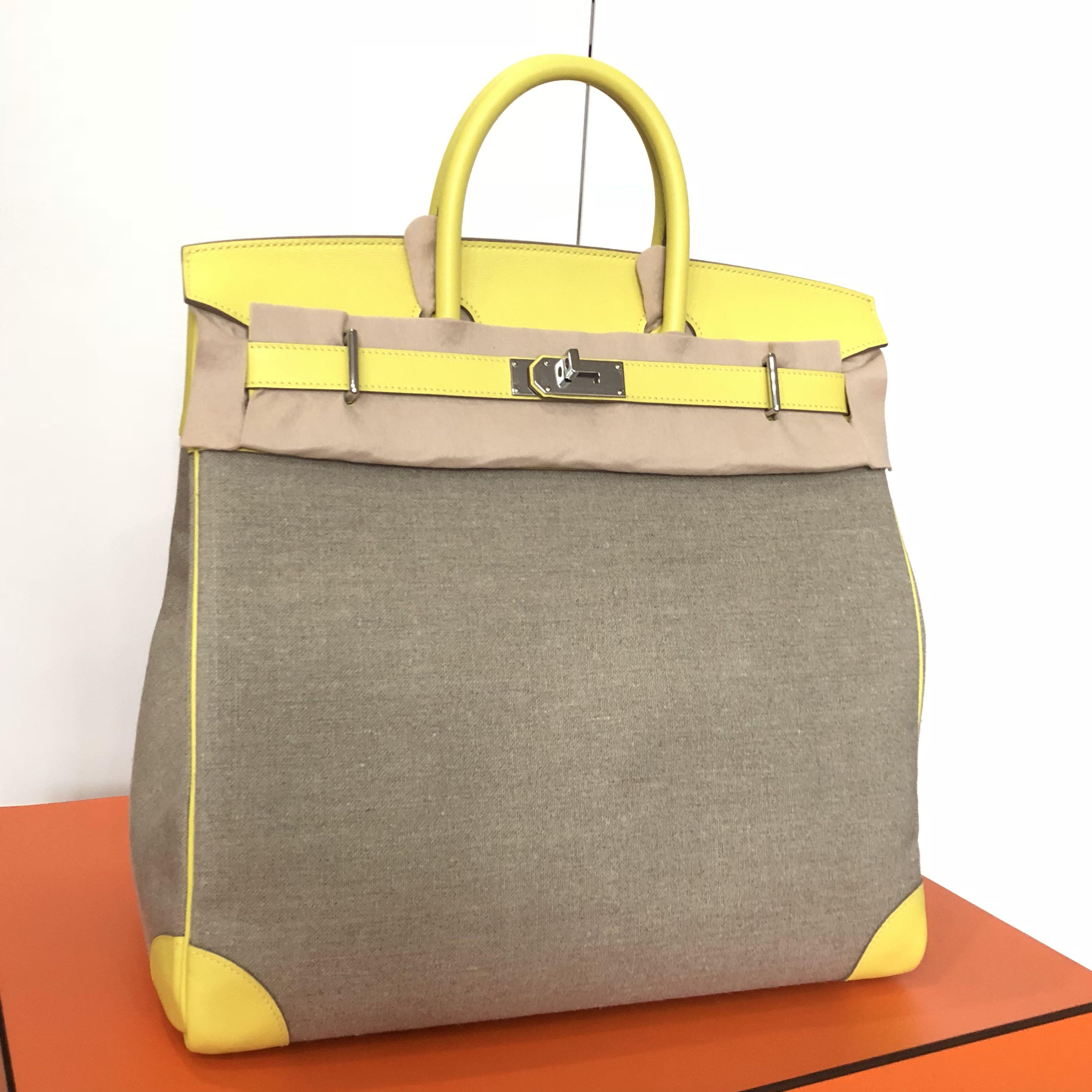 HERMÈS 40cm Lime Evercolor Leather And Toile Birkin HAC