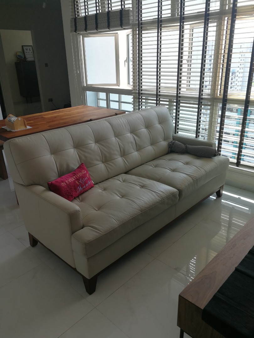 Picket and rail kuka beige leather sofa, Furniture & Home Living