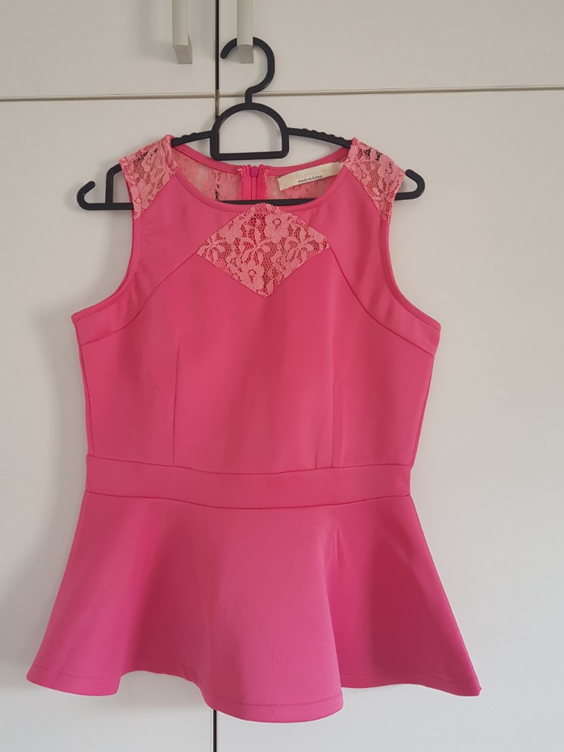 Cassia Ribbon Frill Broderie Anglaise Peplum Top in Hot Pink