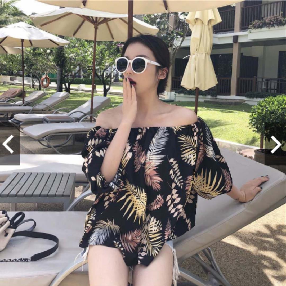 Korean Loose Middle Sleeve Off Shoulder Hawaiian Blouse T Shirt