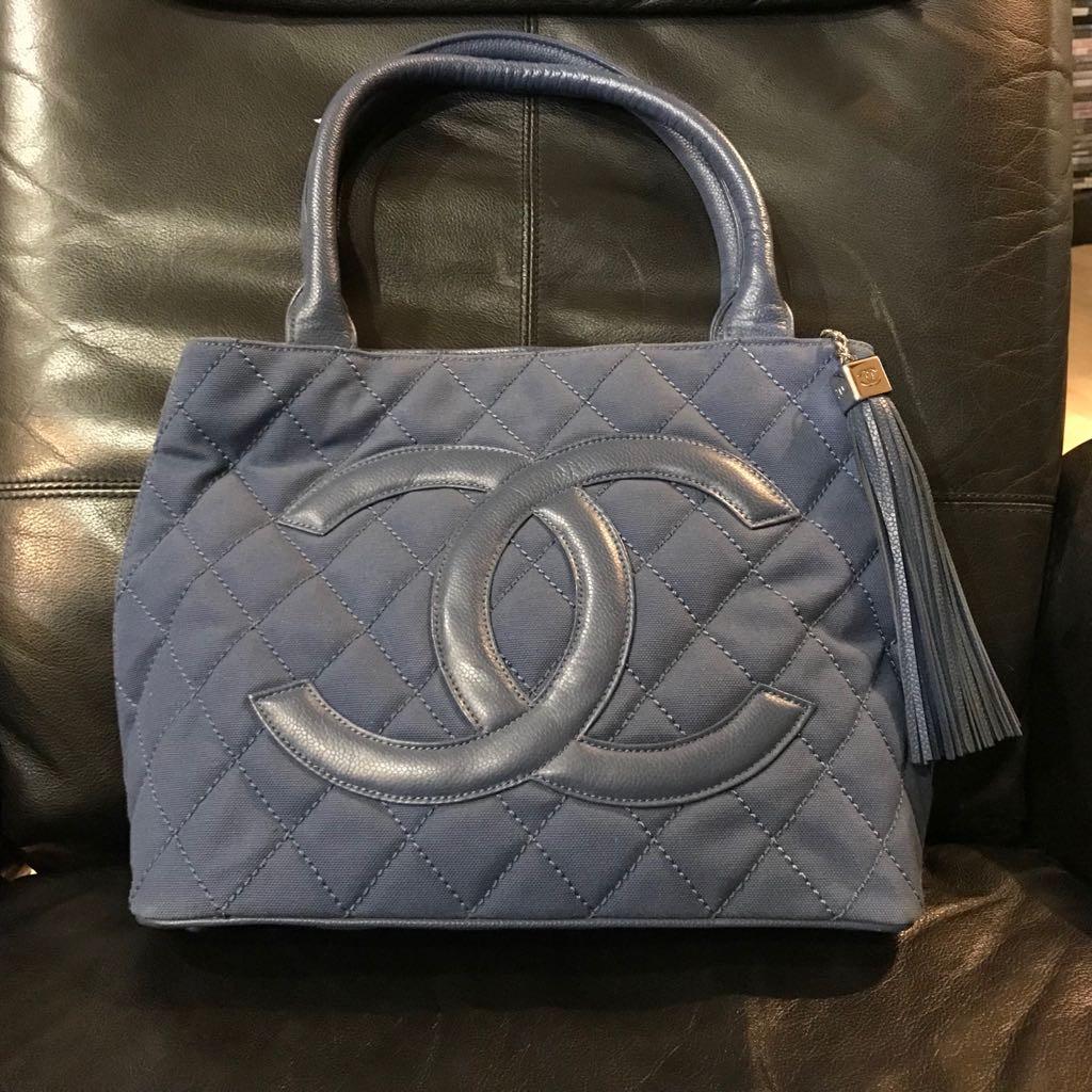 chanel blue canvas tote