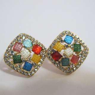 FASHION JEWELLERY SQUARE MULTI-COLORED GOLD EARRINGS GOOD QUALITY