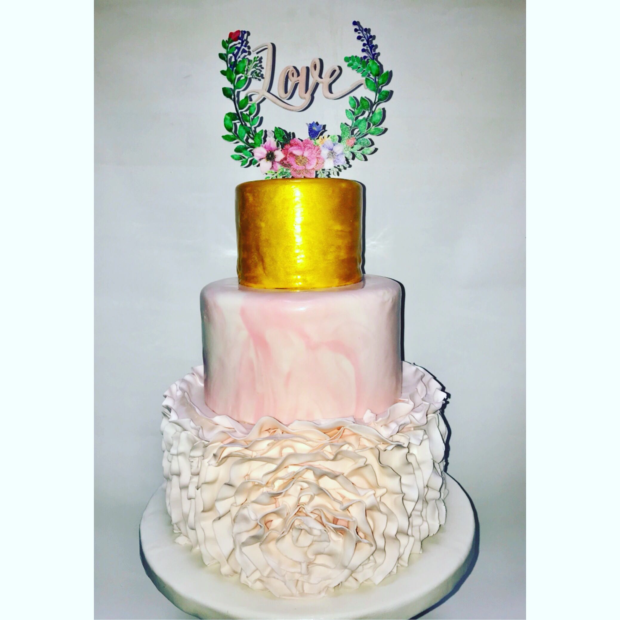 3 Tier Blush Ruffles Marble Gold Wedding Cake Food Drinks Baked