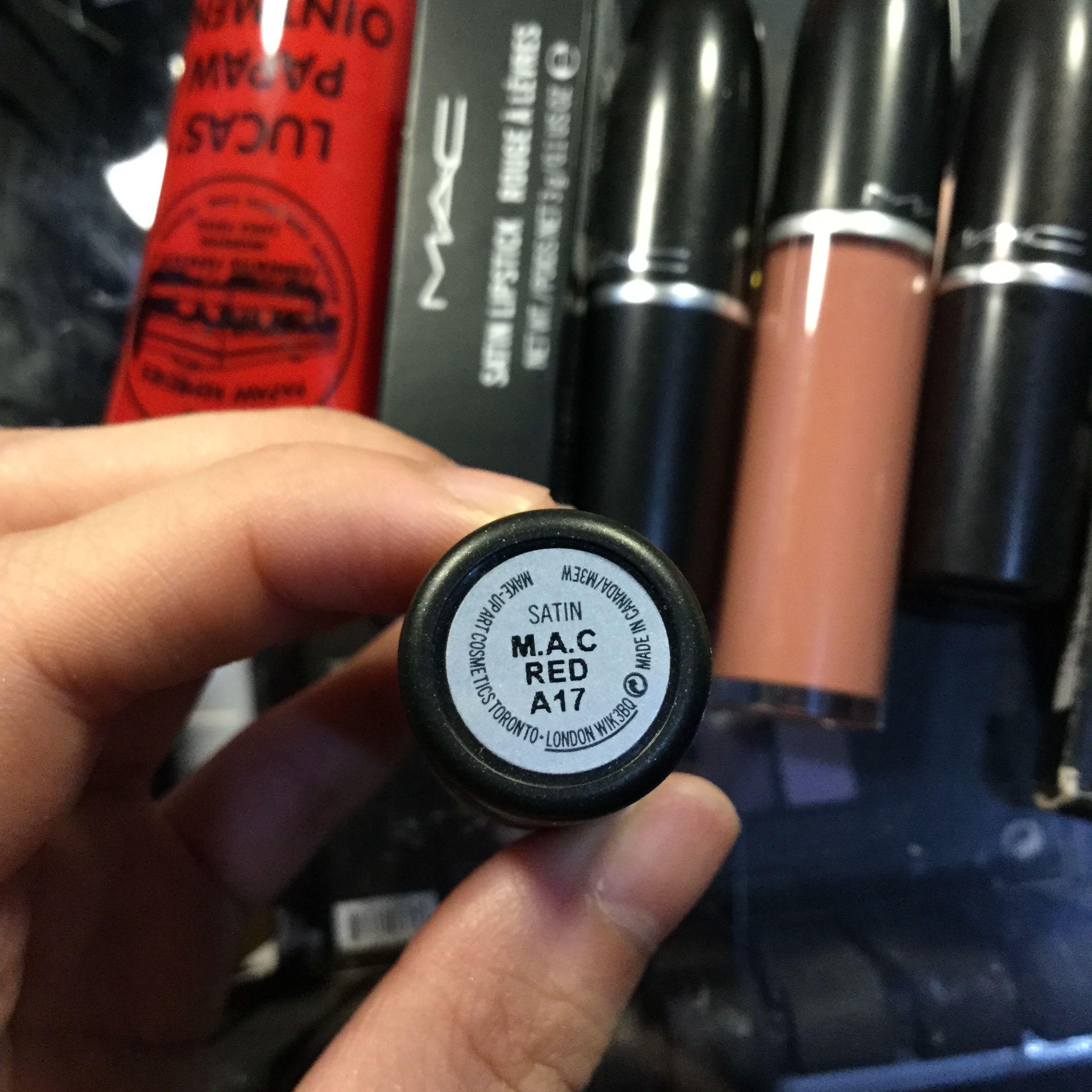 MAC Lipstick (Category: Makeup) located in Manila. Submitted by makeup_declutters (Listing ID 178879056, Image 2). Description: MAC lipstick swatched only Shade: Red boxed.
