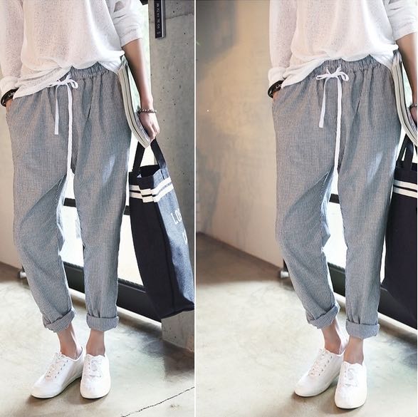 S 2xl Casual Women S Trousers Harem Pants Korean Vertical Stripes