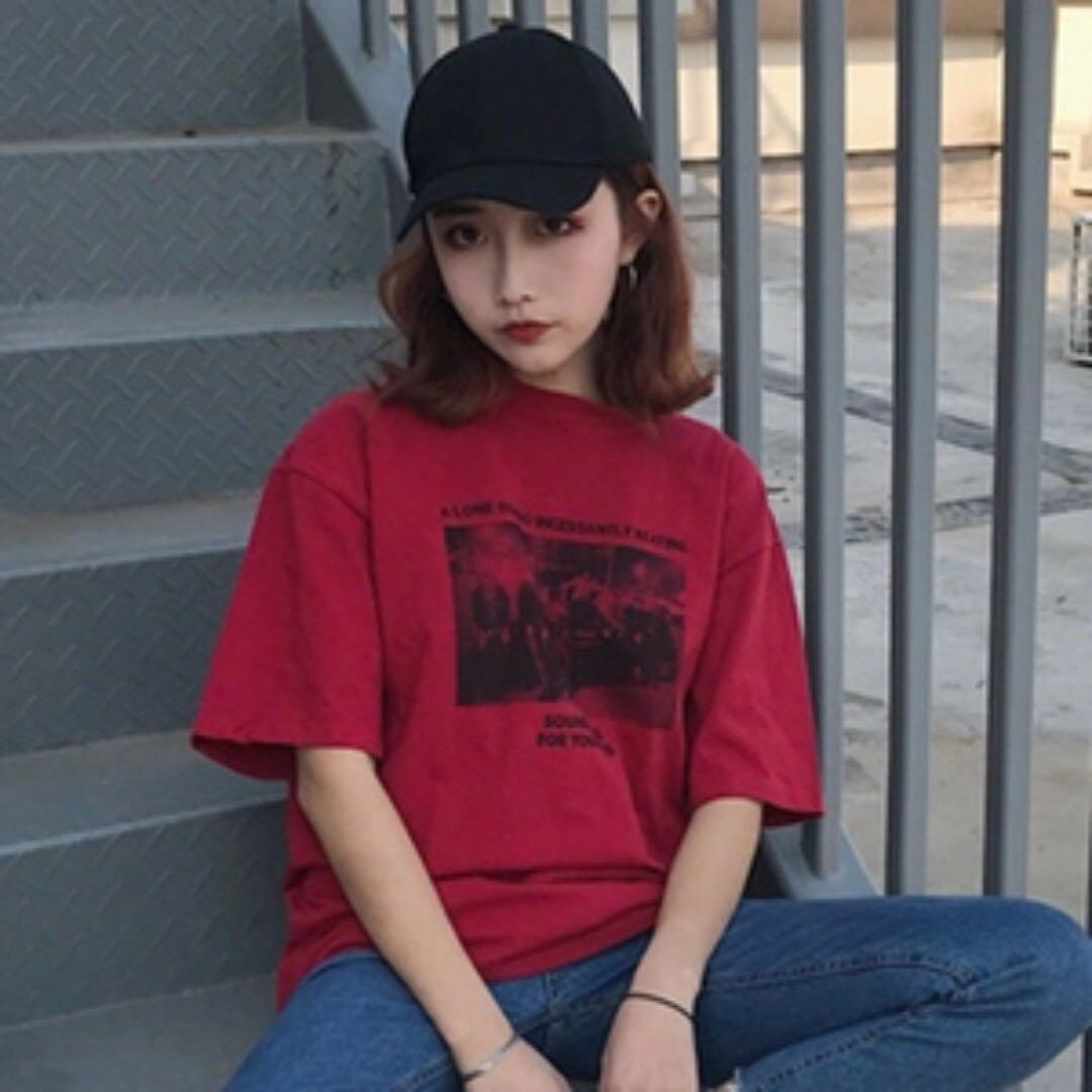 red oversized graphic tee