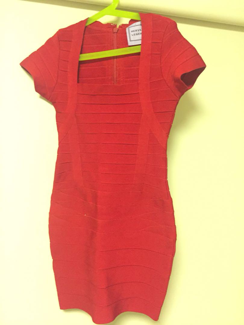 Herve Leger Red Square Neck Cap Sleeves Bandage Dress Women s