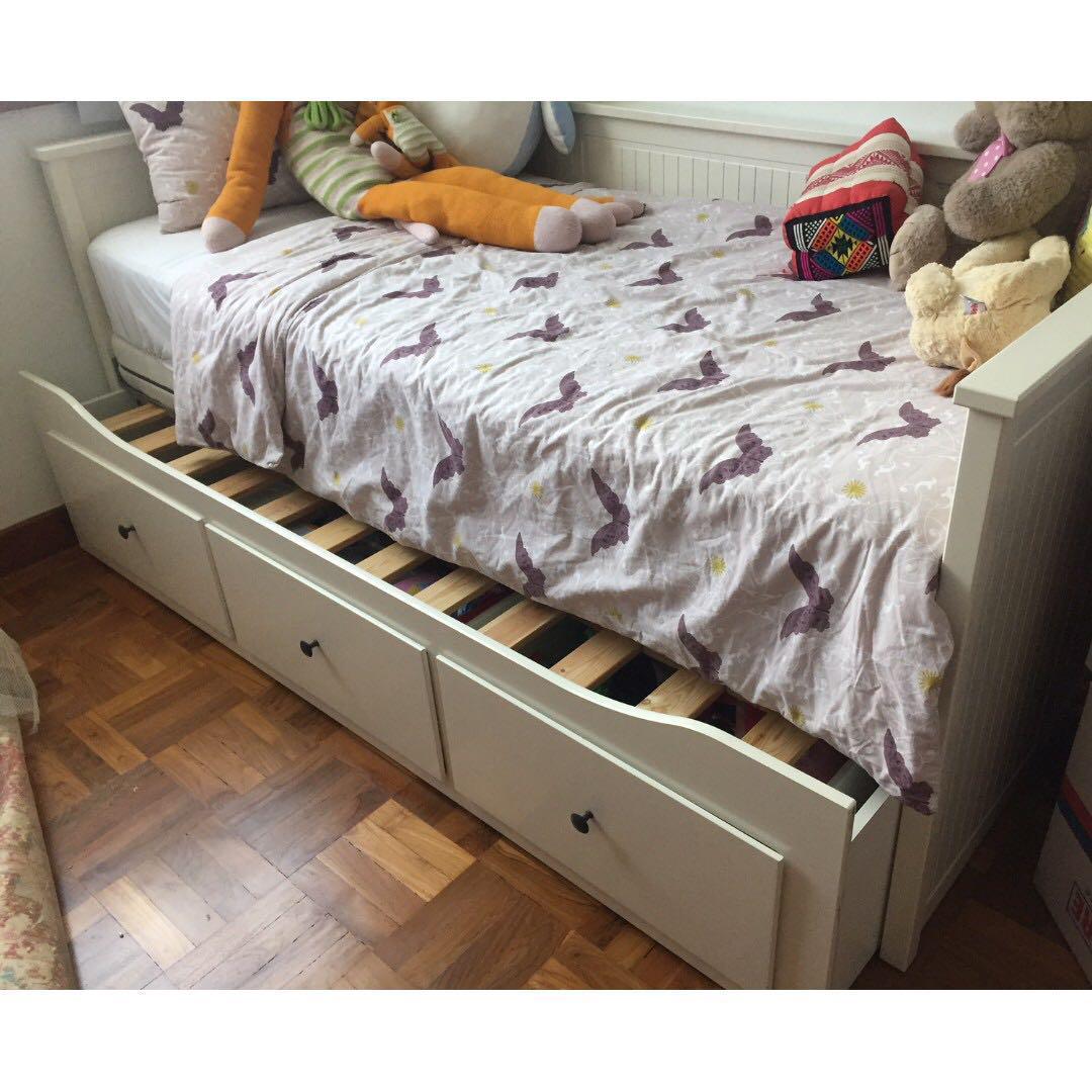 Ikea Hemnes White Trundle Pull Out Bed with Spring Mattress, Furniture