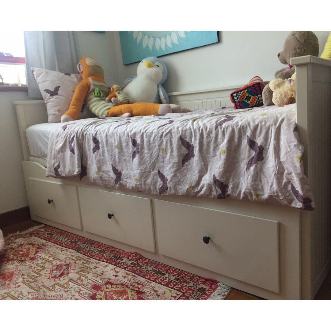 Ikea Hemnes White Trundle Pull Out Bed with Spring Mattress, Furniture
