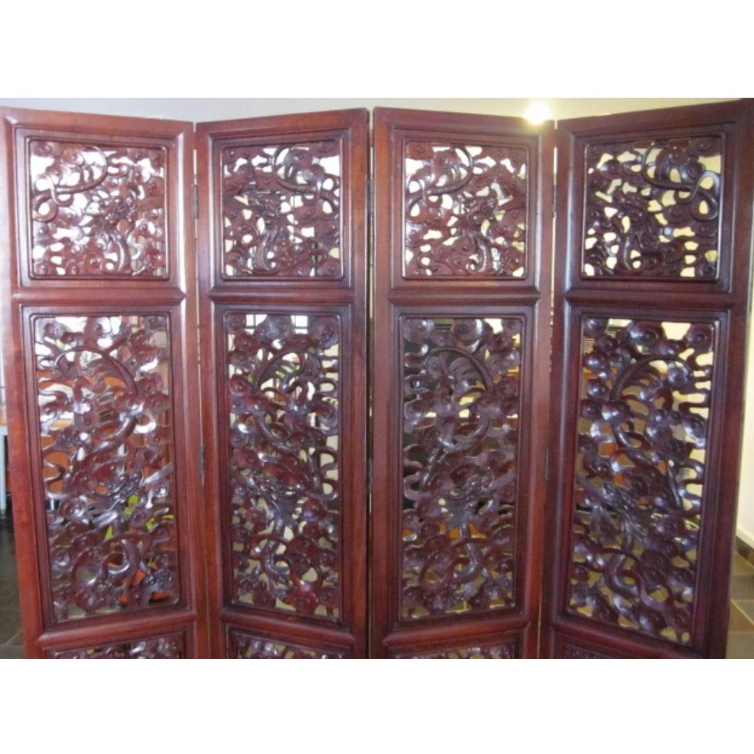 Antique Four Panels Rosewood Dragondesigned Chinese Room Divider