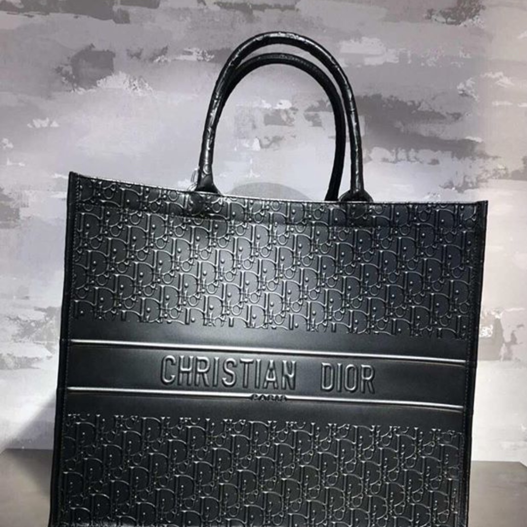 Authentic Christian Dior book tote bag black leather, Luxury, Bags