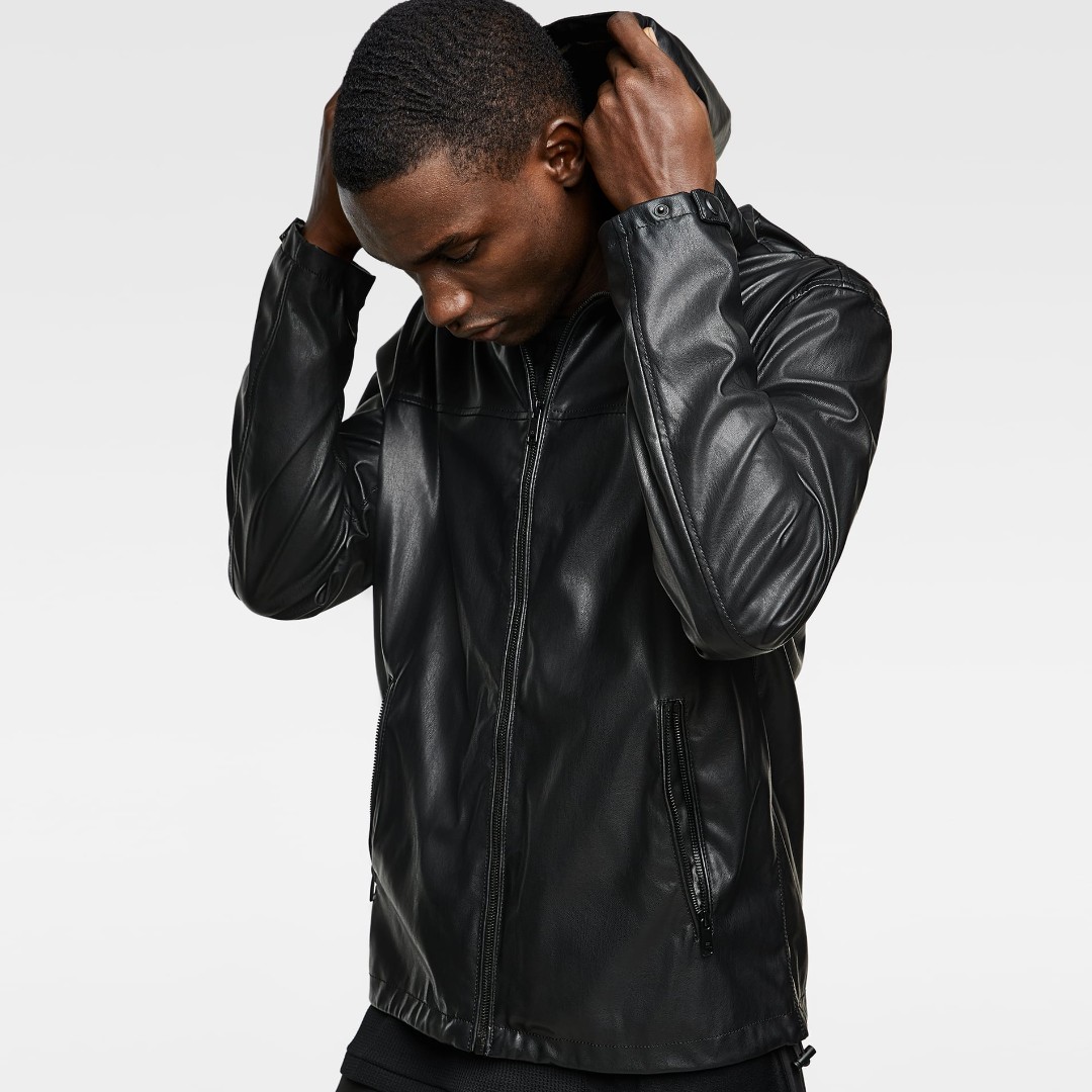 black faux leather hooded jacket