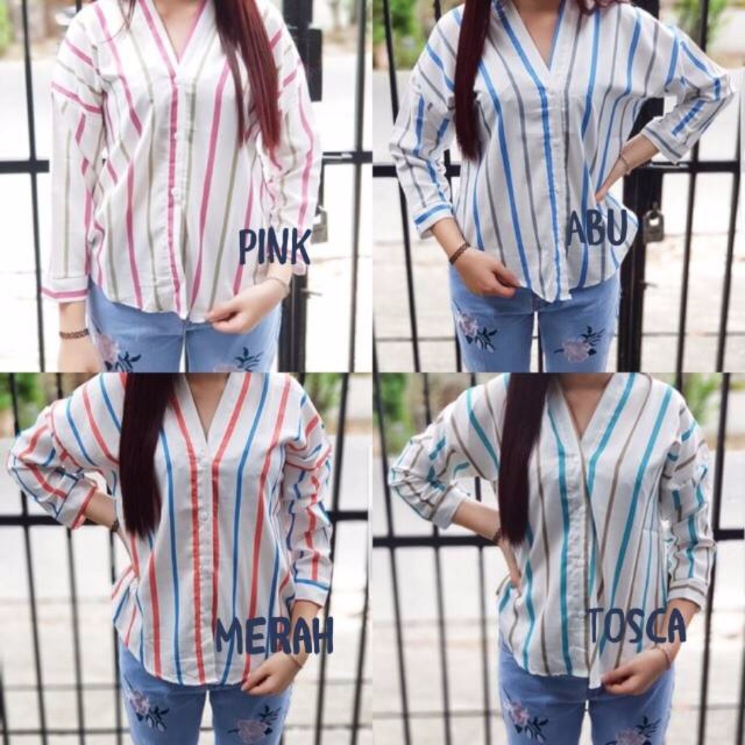 Atasan Kemeja Wanita Cewek Lengan Panjang Motif Salur Garis Olshop Fashion Olshop Wanita Di Carousell