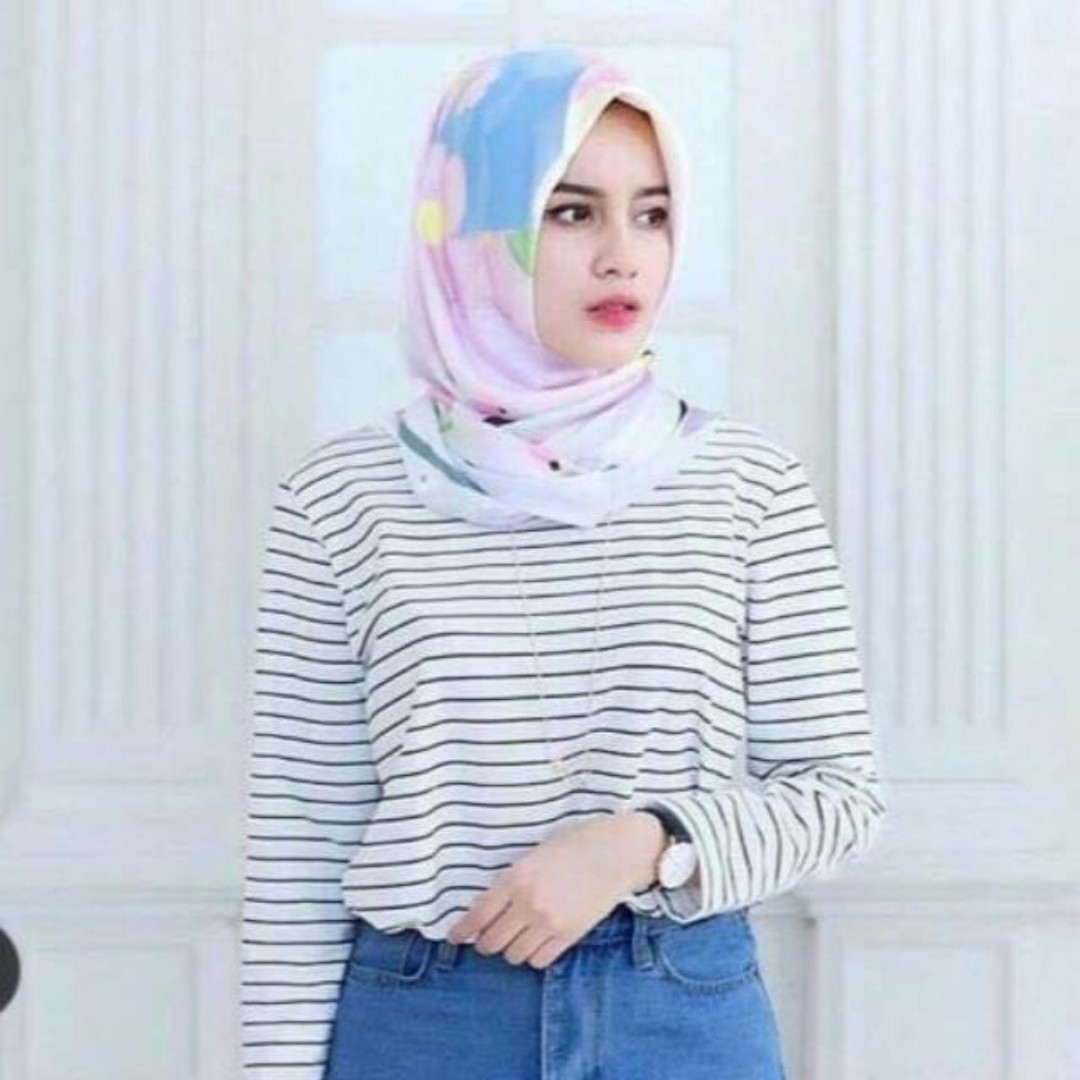 Baju Kaos Atasan Wanita Cewek Motif Salur Garis Lengan Panjang