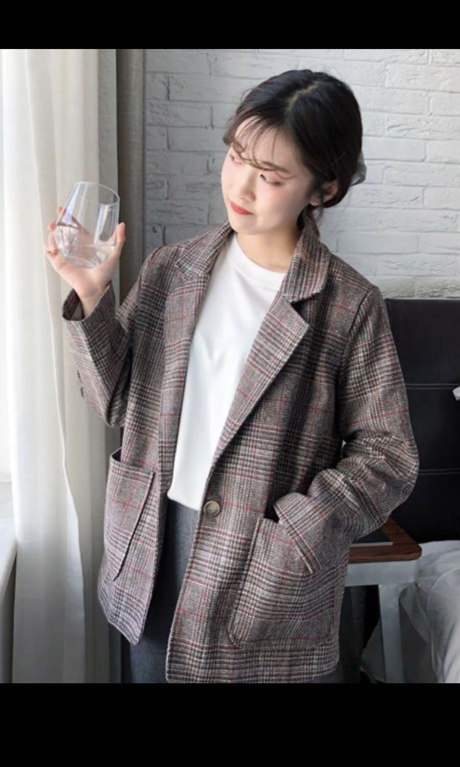 Korean plaid blazer cheap