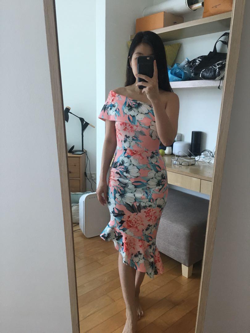 Asos Floral Scuba One Shoulder Pephem Midi Dress
