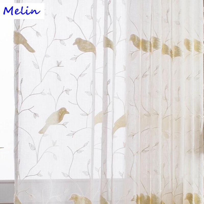 Bird Pattern 3d Embroidery Drape Sheer Curtain Tulle White Cotton